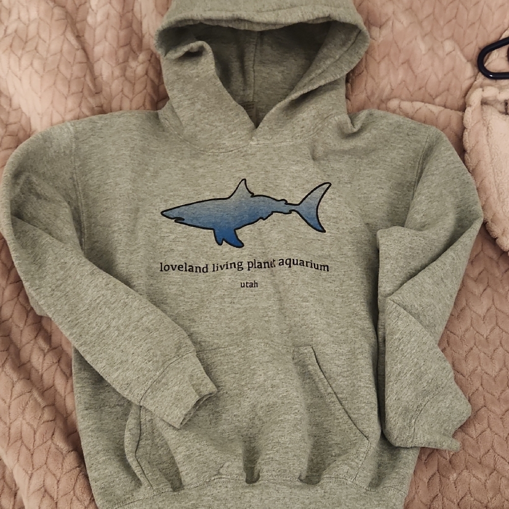 Gildan Gray Kids Hoodie with Blue Shark Design